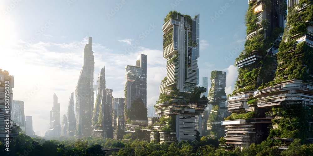 Obraz premium futuristic cityscape showcasing eco-friendly high-rise buildings with lush vegetation under bright, radiant sunlight