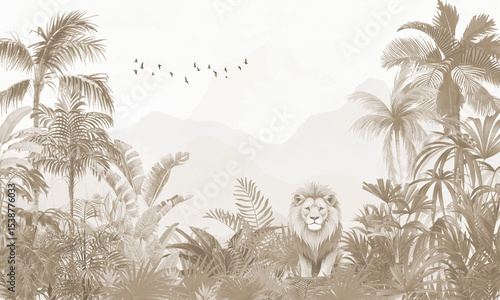 Fototapeta Naklejka Na Ścianę i Meble -  Aged Wildlife Wall Mural: Faded Sepia Lions, Birds & Tropical Forest Background