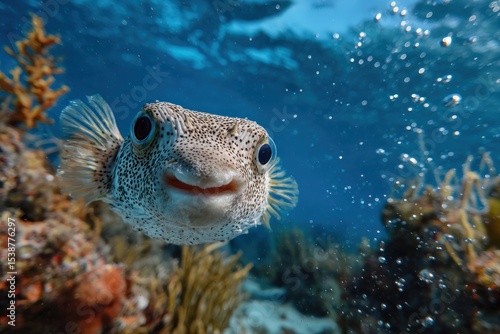 Cute pufferfish in coral reef