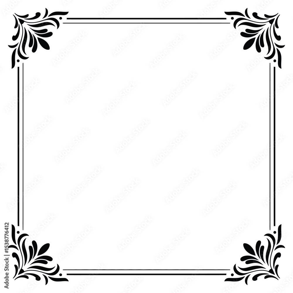 Obraz premium Black and White Ornate Square Frame with Floral Corner Designs Elegant Border for Invitations Cards Certificates and Documents