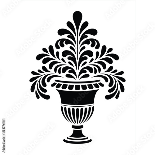 Black and White Ornate Urn Filled with Stylized Floral Arrangement Classic Design Element Decorative Vase with Intricate