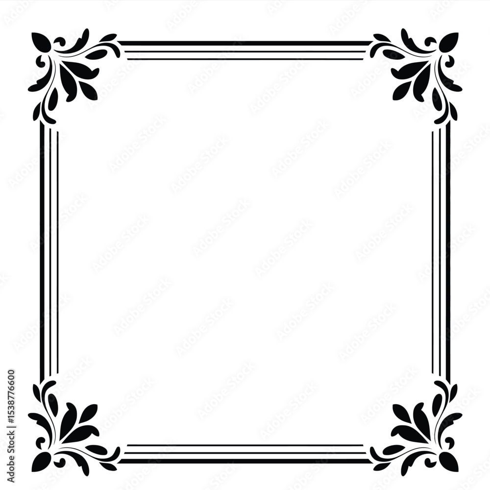 Obraz premium Black and White Square Frame with Ornate Floral Corner Designs and Triple Border Lines Elegant Decorative Border for