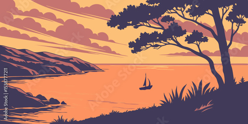 Golden sun dips below the horizon, painting the sky in fiery orange and red hues over a serene lake, river, and mountain landscape