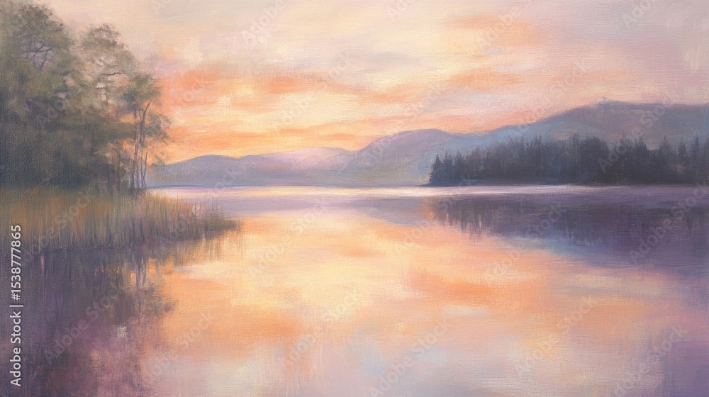 Obraz premium Serene Sunset Over Tranquil Lake with Colorful Reflections and Soft Clouds in a Peaceful Landscape Scenery