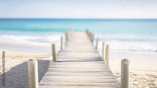 Weather-worn wooden boardwalk stretching across a sandy beach towards the ocean with soft light-colored sand, wooden posts, gentle rolling waves, and a serene blue gradient sea under a clear pale sky.
