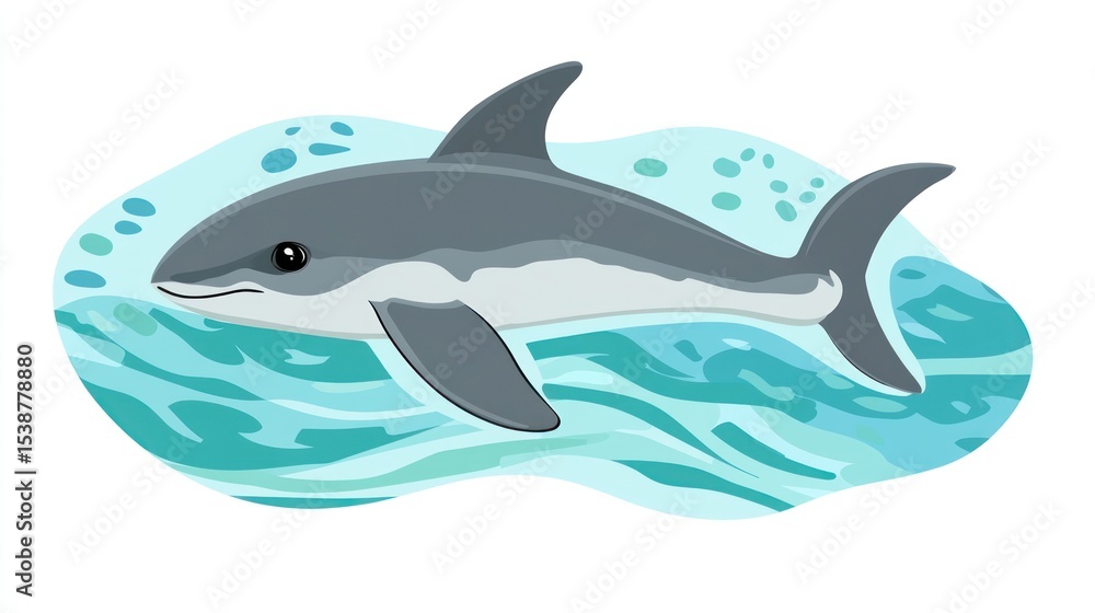 Obraz premium A stylized cartoon of a dolphin swimming in turquoise water, against a white background. The dolphin is grey and white with large, expressive eyes