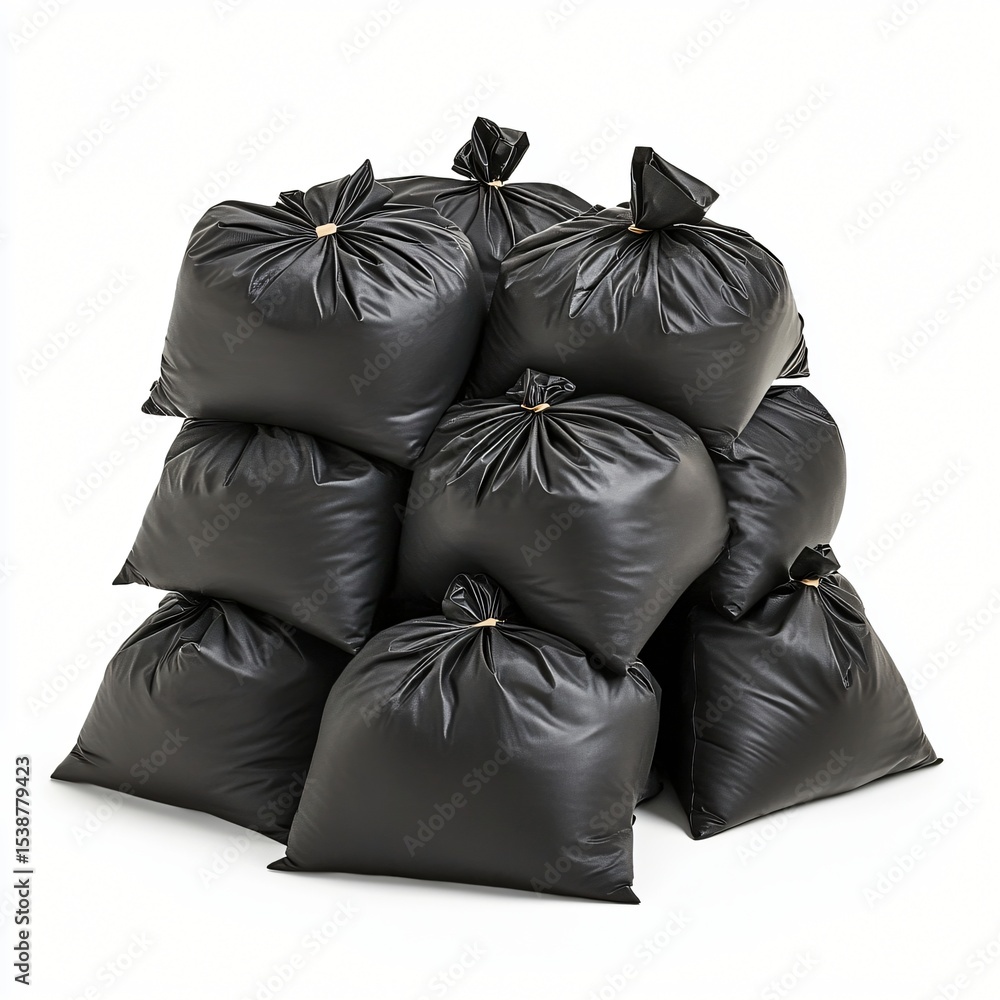 Obraz premium A Stack of Black Plastic Garbage Bags Isolated on White Background Waste Disposal and Recycling Concept