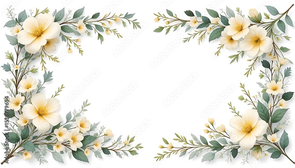 Fototapeta premium Vintage floral border with soft pastel roses, peonies, and leaves on white background. Perfect for wedding invitations, greeting cards, and elegant designs with space for text in the center.