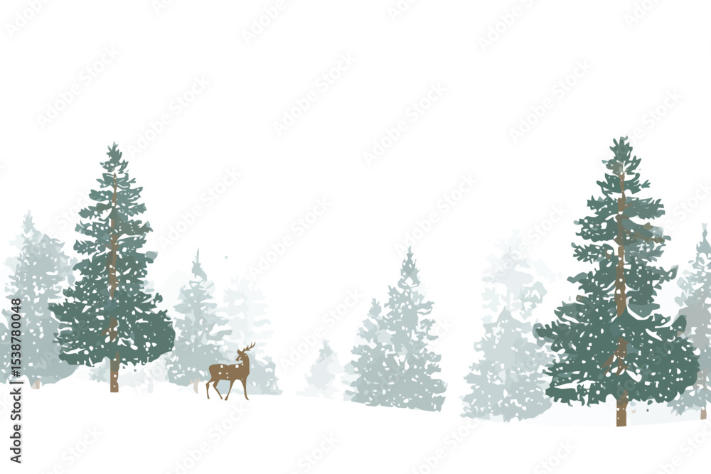 Naklejka premium Winter Deer Scene Snow Covered Pine Trees Forest Landscape