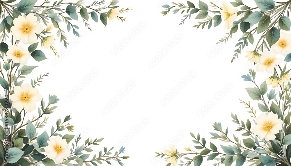 Fototapeta premium Vintage floral border with soft pastel roses, peonies, and leaves on white background. Perfect for wedding invitations, greeting cards, and elegant designs with space for text in the center.