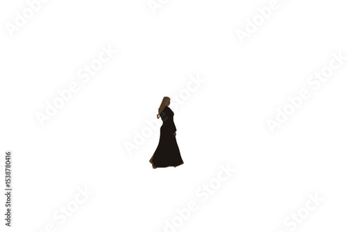 Woman in Black Abaya Walking White Background black dress