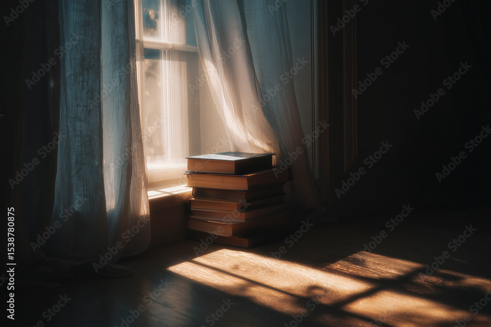 Stack of books by window, curtains, and sunlight creating shadow patterns on the wooden floor Stack of books by window, curtains, and sunlight creating shadow patterns on the wooden floor