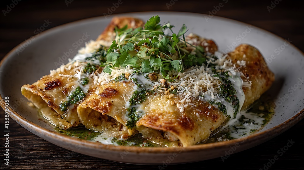 Verdes enchiladas plated, cheese, cream, cilantro Verdes enchiladas plated, cheese, cream, cilantro