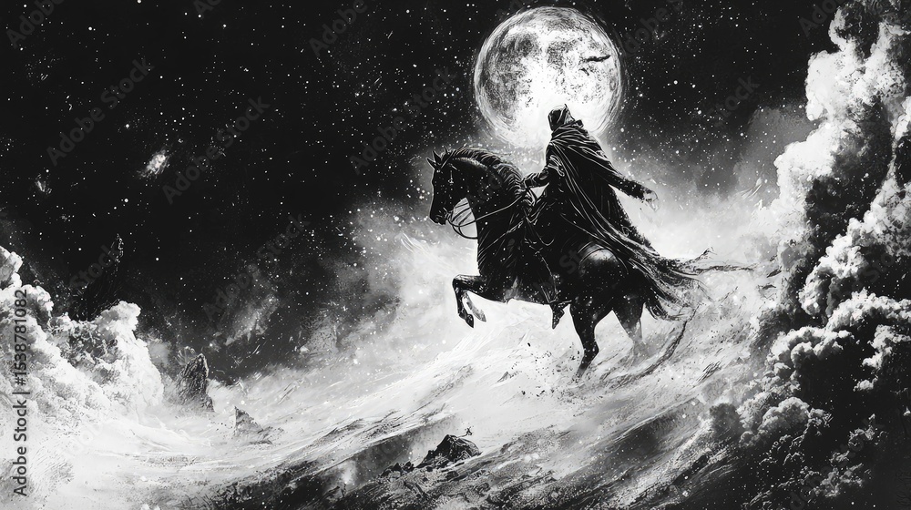 Obraz premium Dark, snowy landscape depicts a figure on a steed.