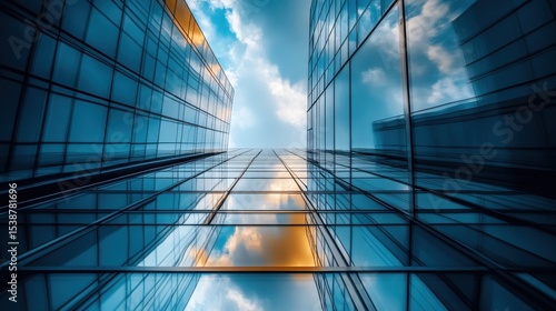 Economics, banking, business and finance concept.A fragment of a modern office building in the capital .glass buildings with cloudy blue sky background .modern office building
