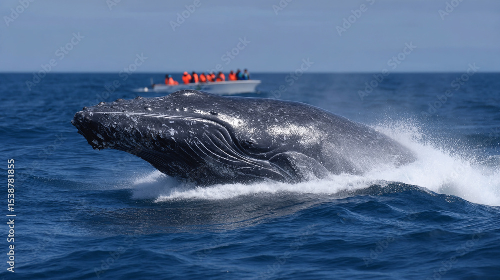 Fototapeta premium Group of people looking on whale.