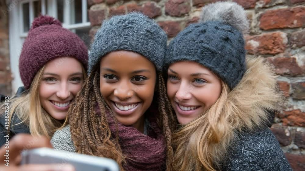 A group of three diverse young women in winter hats laugh while taking a street selfie. Concept of global friendship. A group of three diverse young women in winter hats laugh while taking a street selfie. Concept of global friendship.