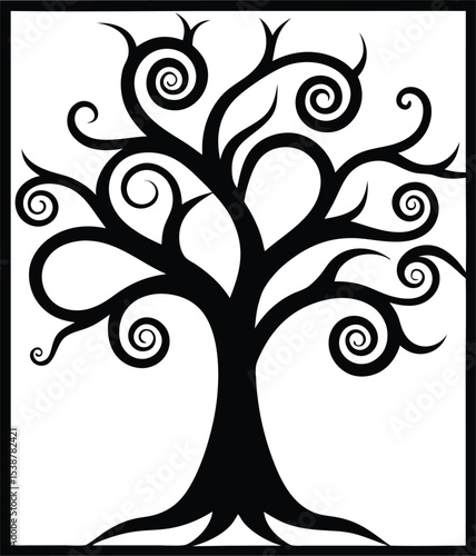 Whimsical Swirly Tree Silhouette in Square Frame
