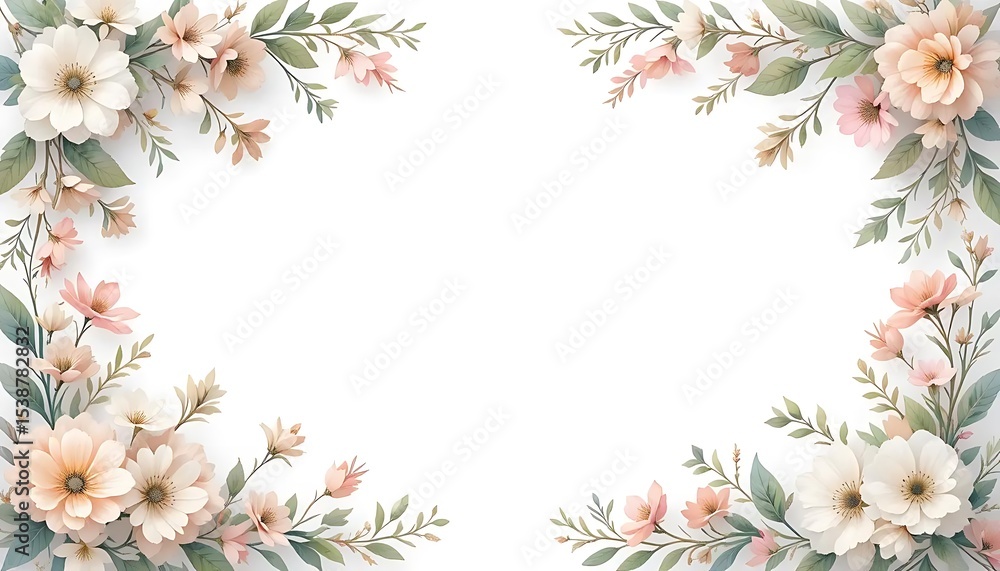 Fototapeta premium Vintage floral border with soft pastel roses, peonies, and leaves on white background. Perfect for wedding invitations, greeting cards, and elegant designs with space for text in the center.