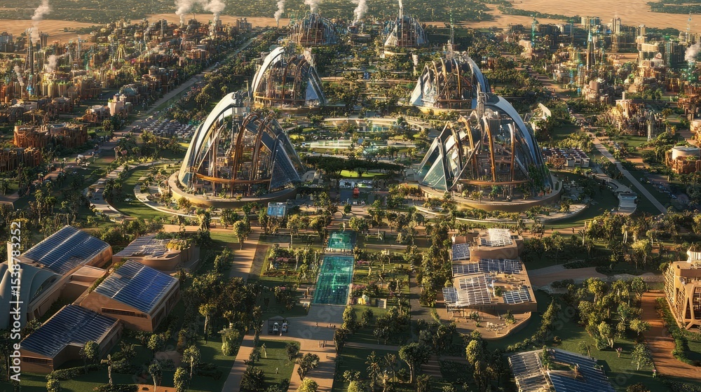 Obraz premium Futuristic Cityscape with Advanced Architecture, Lush Greenery, and Sustainable Energy Solutions in a Vibrant Landscape