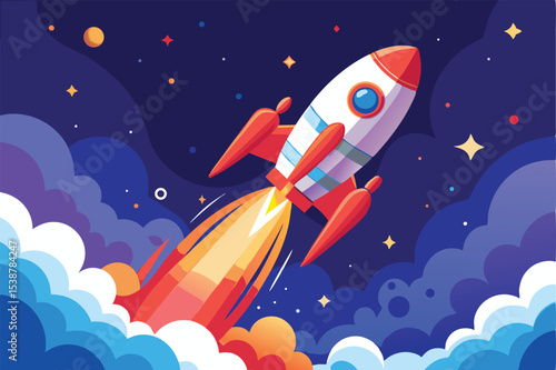 A colorful rocket launching into space with stars and clouds