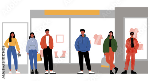 Flat vector people standing in front of store windows
