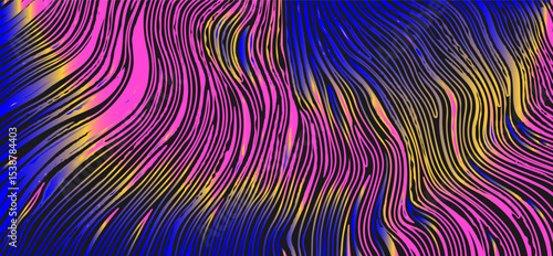 Vector illustration in trendy neon abstract line art style: dynamic wavy lines in pink, blue, and yellow on dark background create a vibrant, modern, flowing effect.