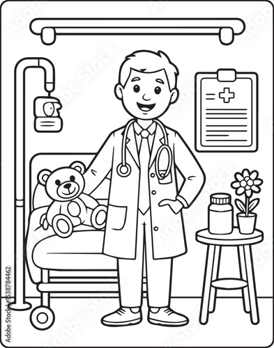 A cute doctor and patient in hospital coloring page for kids, black and white line art vector illustration for medical student coloring book