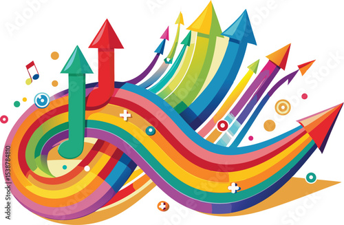 Colorful upward arrows and rainbow swirls abstract design