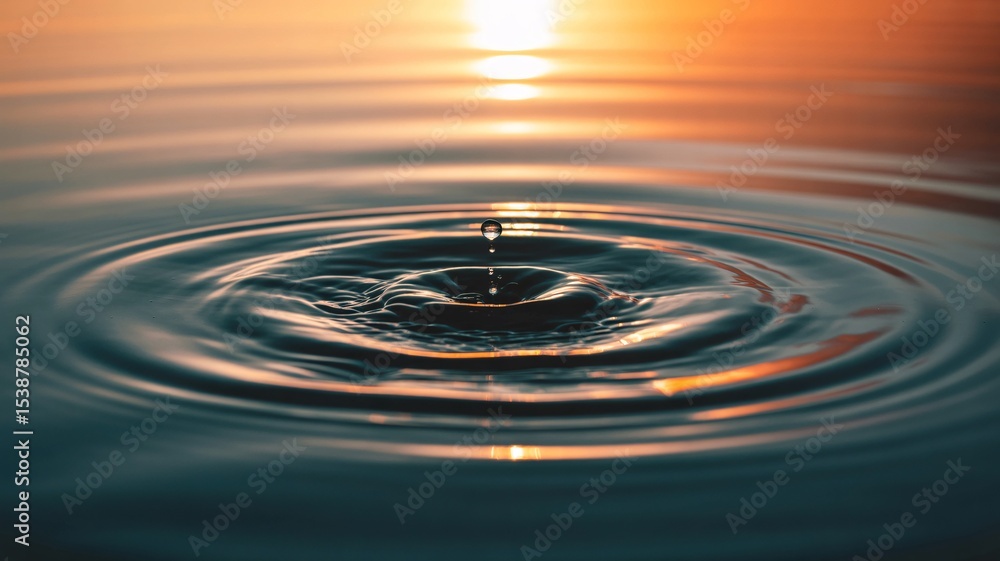 Serene sunset water droplet ripples create calming concentric circles on tranquil lake surface Serene sunset water droplet ripples create calming concentric circles on tranquil lake surface