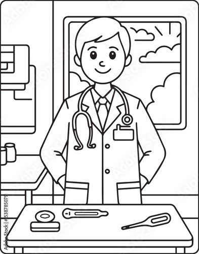 A cute doctor in hospital coloring page for kids, black and white line art vector illustration for medical student coloring book