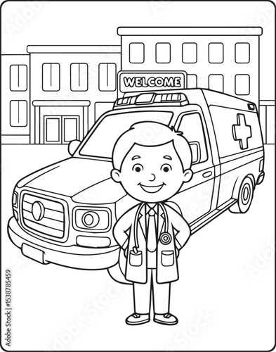 A cute doctor with ambulance in hospital coloring page for kids, black and white line art vector illustration for medical student coloring book