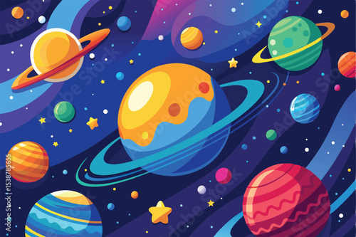 Vibrant cartoon planets and stars in outer space