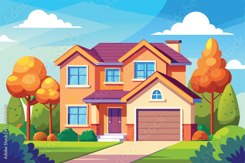 Two story suburban house with autumn trees and garage