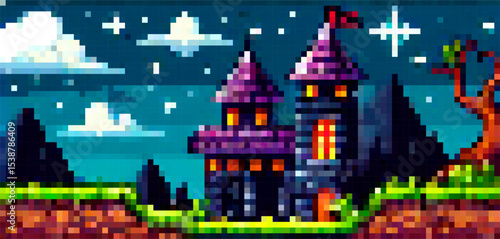 Vibrant pixel art vector of a fantasy castle at night, following the popular retro gaming style. Bright purple, green, and blue shades, square shapes, and blocky lines dominate the scene.