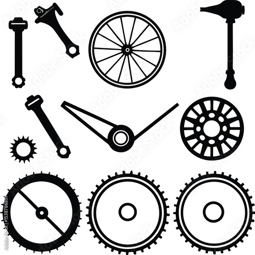 Bicycle Parts and Mechanical Gear Silhouette Icon Set