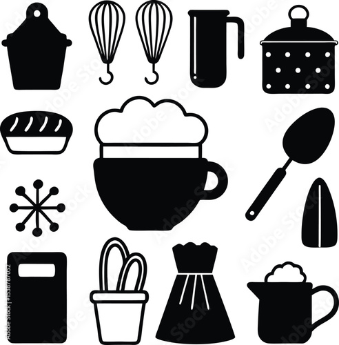 Kitchen, Baking, and Coffee Utensils Silhouette Icon Set