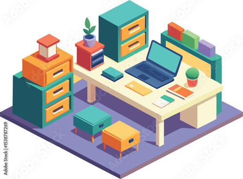 Isometric illustration of a modern home office workspace