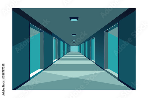 Mysterious Teal Corridor An Architectural Illustration of a Long, Dark Hallway with Doors