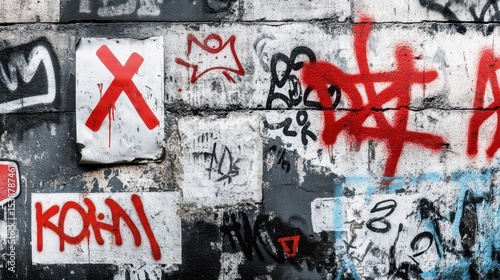 Urban wall covered with colorful graffiti and street art, featuring various symbols and abstract designs in vibrant red and black colors.
