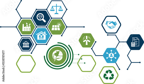Banner ESG - Environmental, Social and Corporate Governance. Info banner calling to remember the involvement of this company in solving environmental, social and management problems with icons. Vector