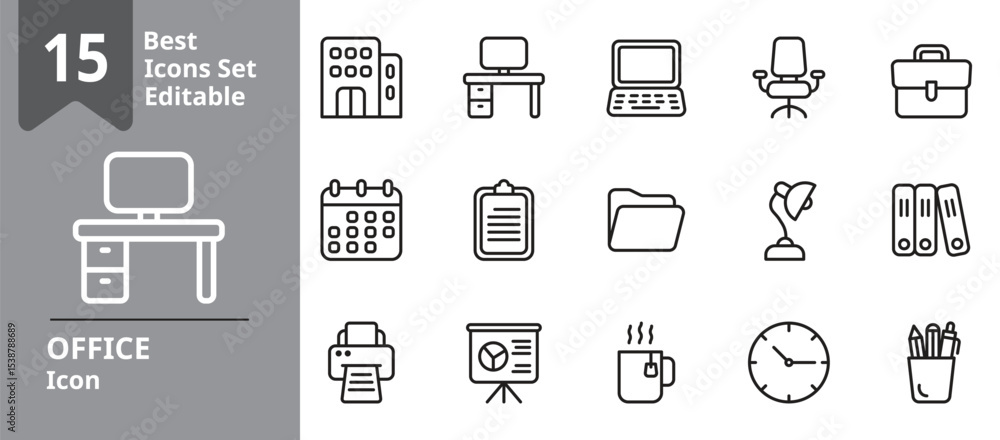 Set of Office icons. Contains briefcase, document, desk, office chair, folder, etc . Design elements for you projects. Editable stroke vector illustration Set of Office icons. Contains briefcase, document, desk, office chair, folder, etc . Design elements for you projects. Editable stroke vector illustration