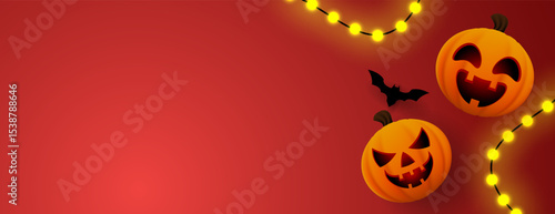 halloween background shows pumpkins, bats and lighting with space for text, perfect for festive invitations, party flyers, social media posts, and Halloweenthemed designs.