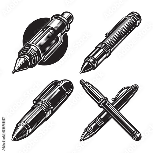 silhouette of vintage pen set bundle on the white background 