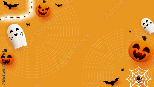 halloween background shows pumpkins ghosts bats and spiders with space for text, perfect for festive invitations, party flyers, social media posts, and Halloweenthemed designs.