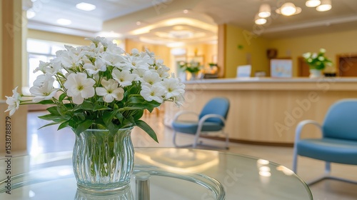 Wallpaper Mural A glass vase of white flowers sits on a glass table in a bright, modern reception area with light wood furniture and blue chairs Torontodigital.ca