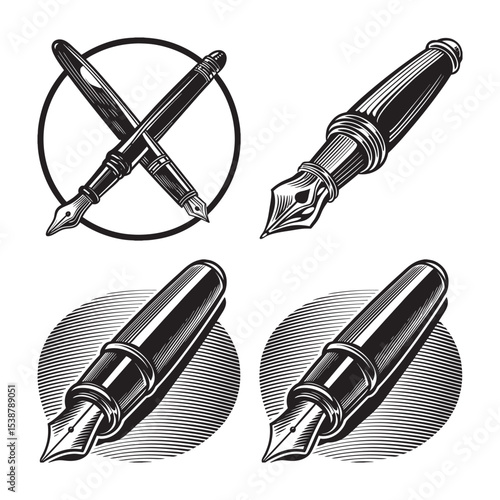 silhouette of vintage pen set bundle on the white background 