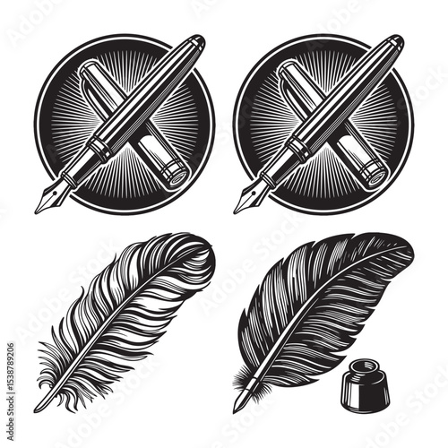 silhouette of vintage pen set bundle on the white background 