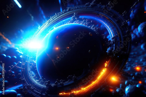 Surreal Cosmic World with Fiery Explosions, Nebula and Shining Stars
