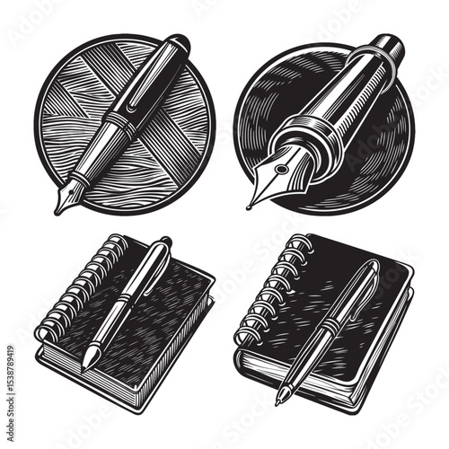 silhouette of vintage pen set bundle on the white background 